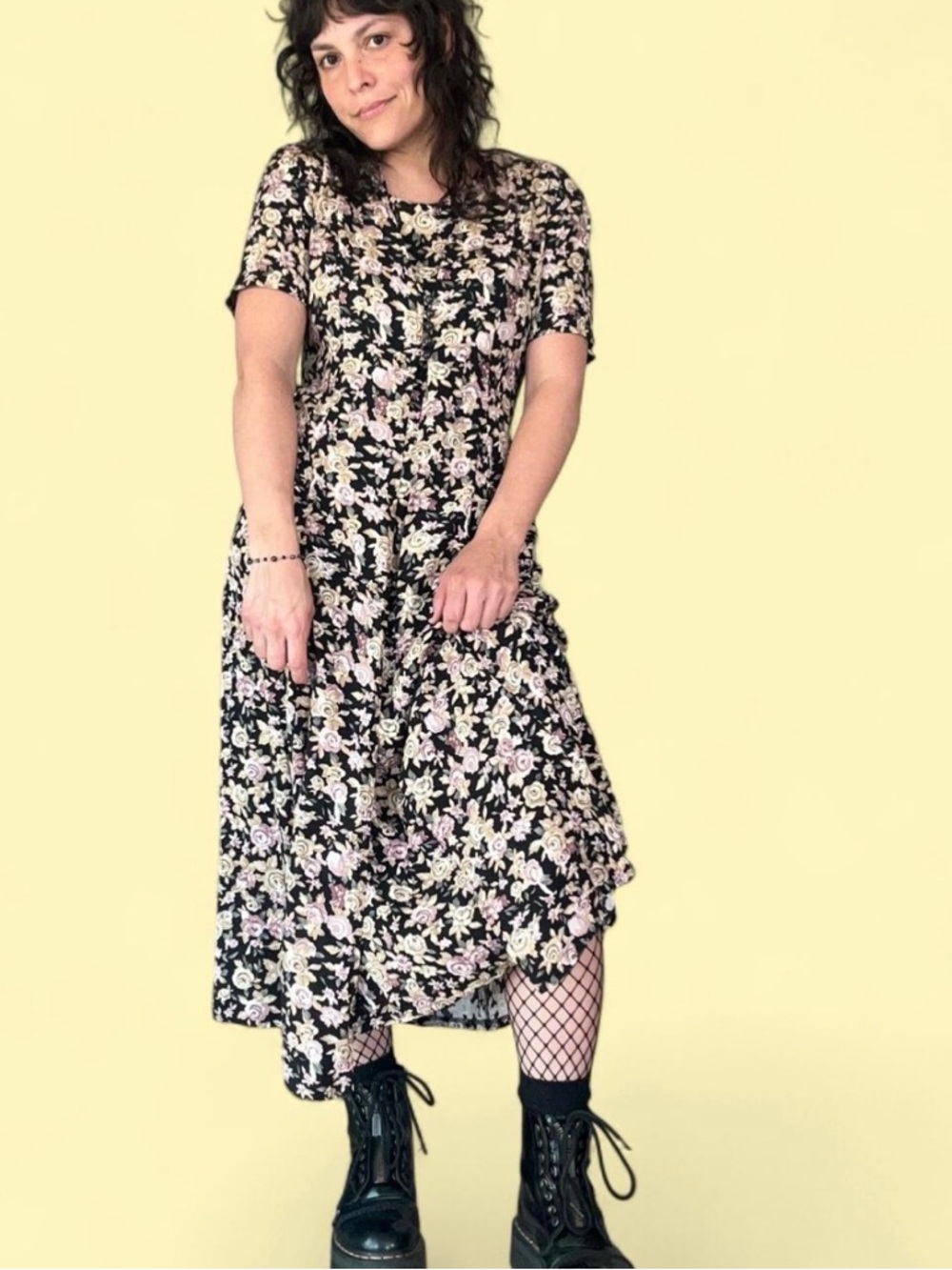 Black Floral Midi Dress with Pink and Cream Flowers